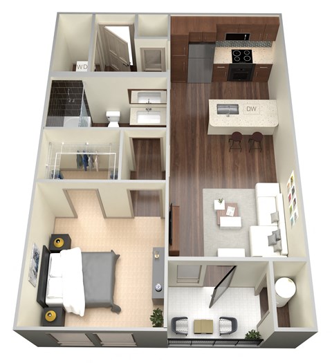 Floor plan for 1 bed, 1 bath, 557 sqft